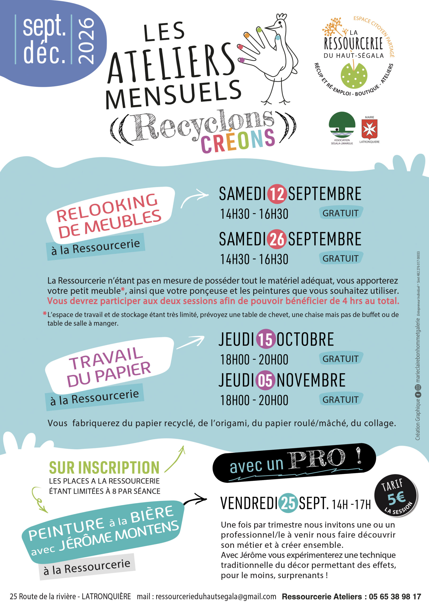 Programme des ateliers « Recyclons Créons » à la Ressourcerie du Haut-Ségala